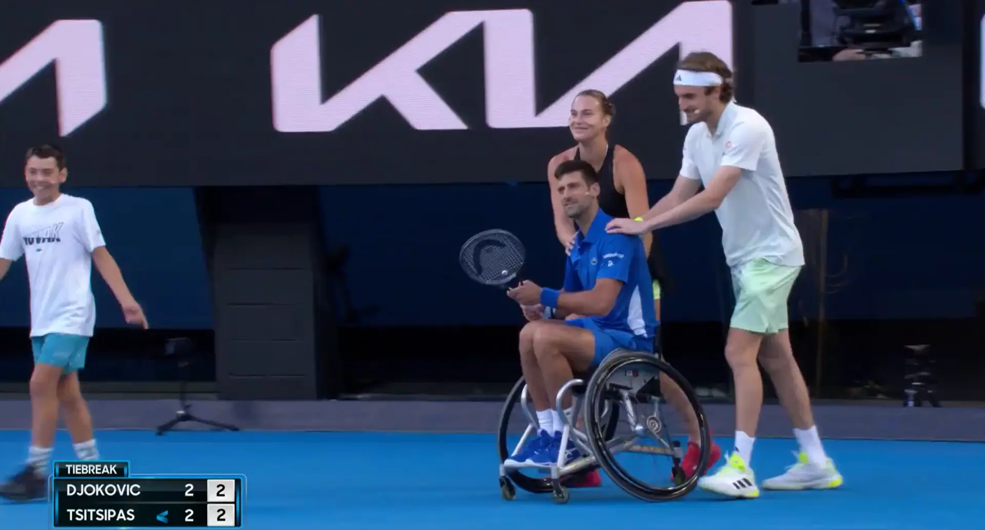 (VIDEO) Novak Djokovic hilariously tries out wheelchair tennis with help from Aryna Sabalenka and Stefanos Tsitsipas
