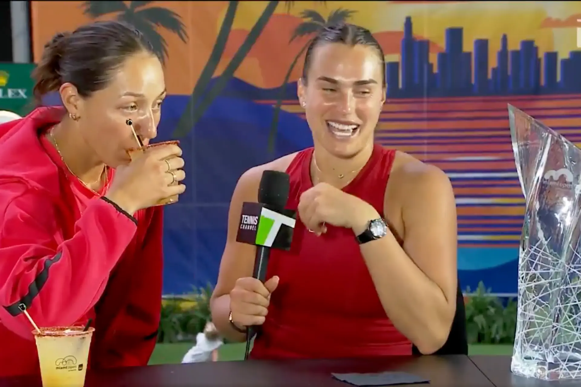 (VIDEO) Jessica Pegula gets revenge, swipes Aryna Sabalenka's 'Marg-Aryna' Miami Open cocktail during interview