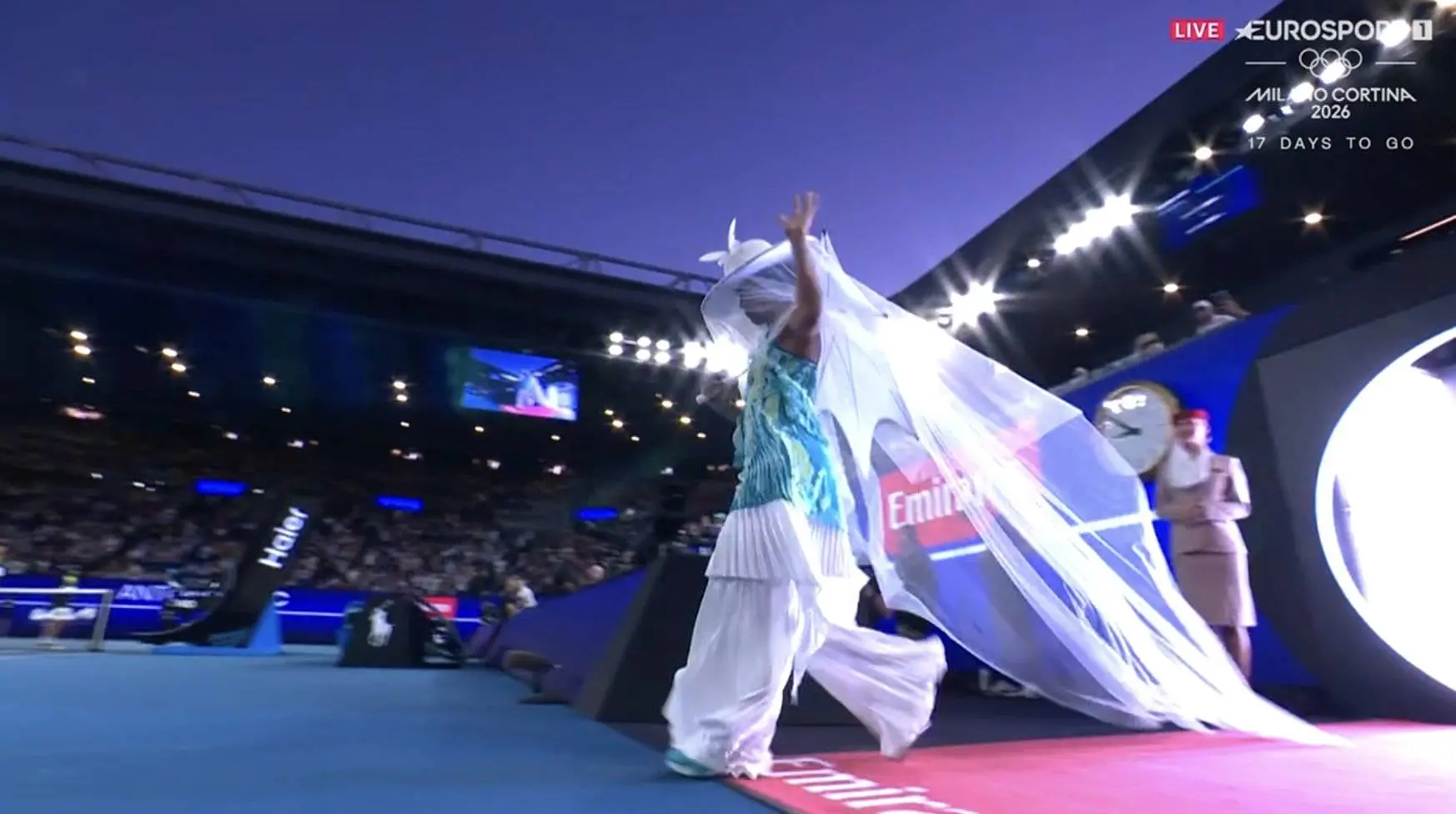 Former Australian Open champion Naomi Osaka makes statement with 'wildest outfit in tennis history' during Rod Laver Arena opener