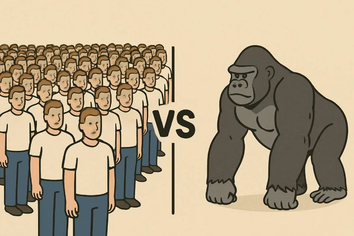 De vraag die iedereen bezighoudt: kan honderd man het opnemen tegen een gorilla?
