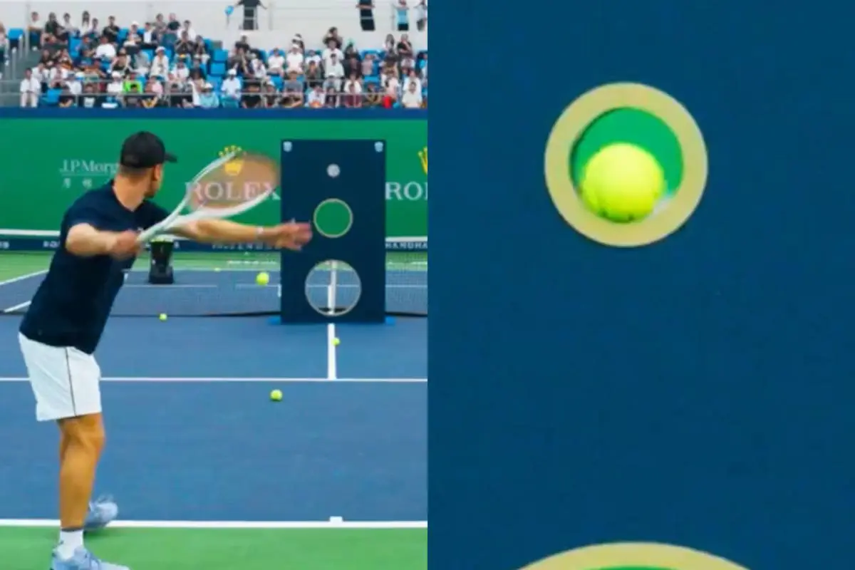 Tennisser Karue Sell krijgt bal precies in het gaatje