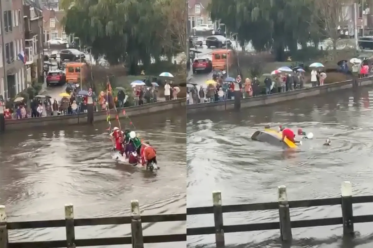 Pietenboot slaat om tijdens intocht in Gouda: reddingsbrigade schiet te hulp