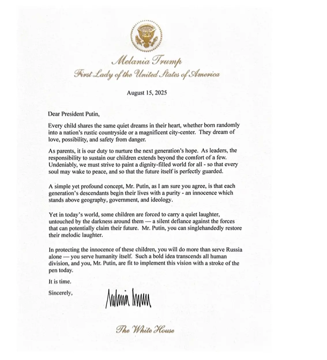 Melania Trump in brief aan Poetin: het is tijd voor vrede