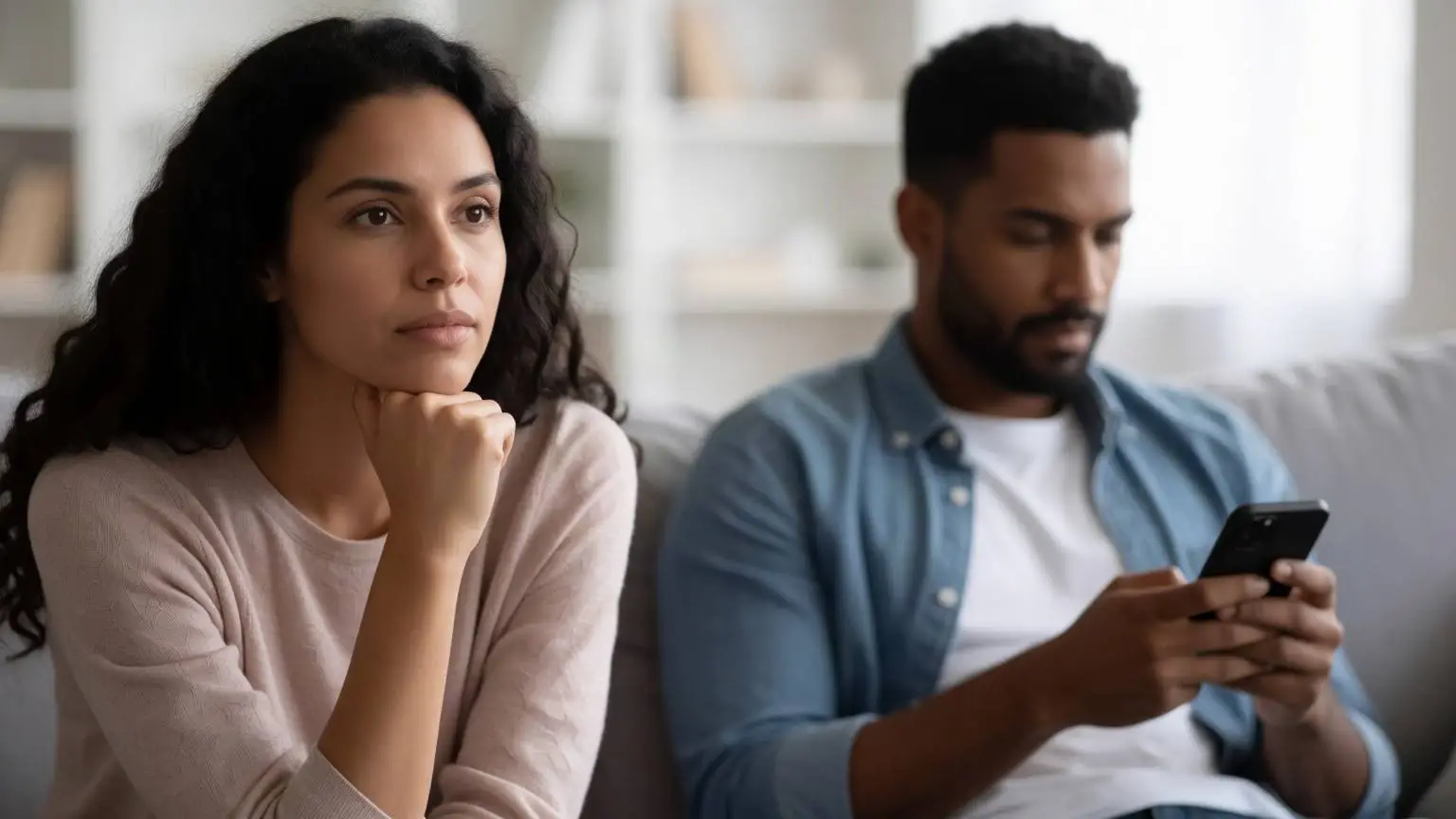 Een vrouw kijkt peinzend voor zich uit op de bank terwijl haar partner naast haar op zijn telefoon kijkt.