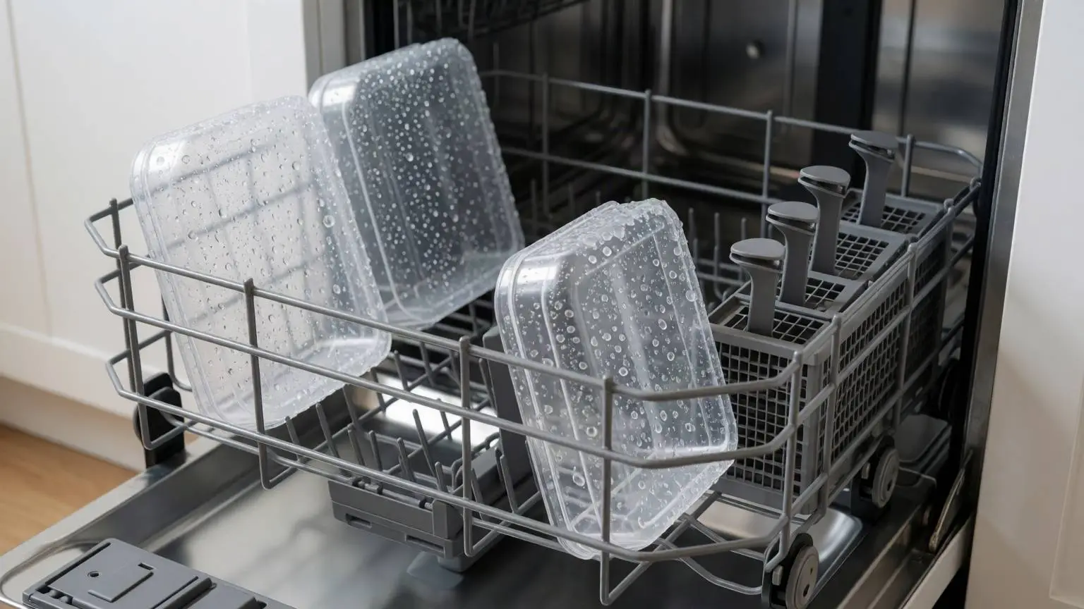 Plastic bakjes vol waterdruppels in het bovenrek van een open vaatwasser.