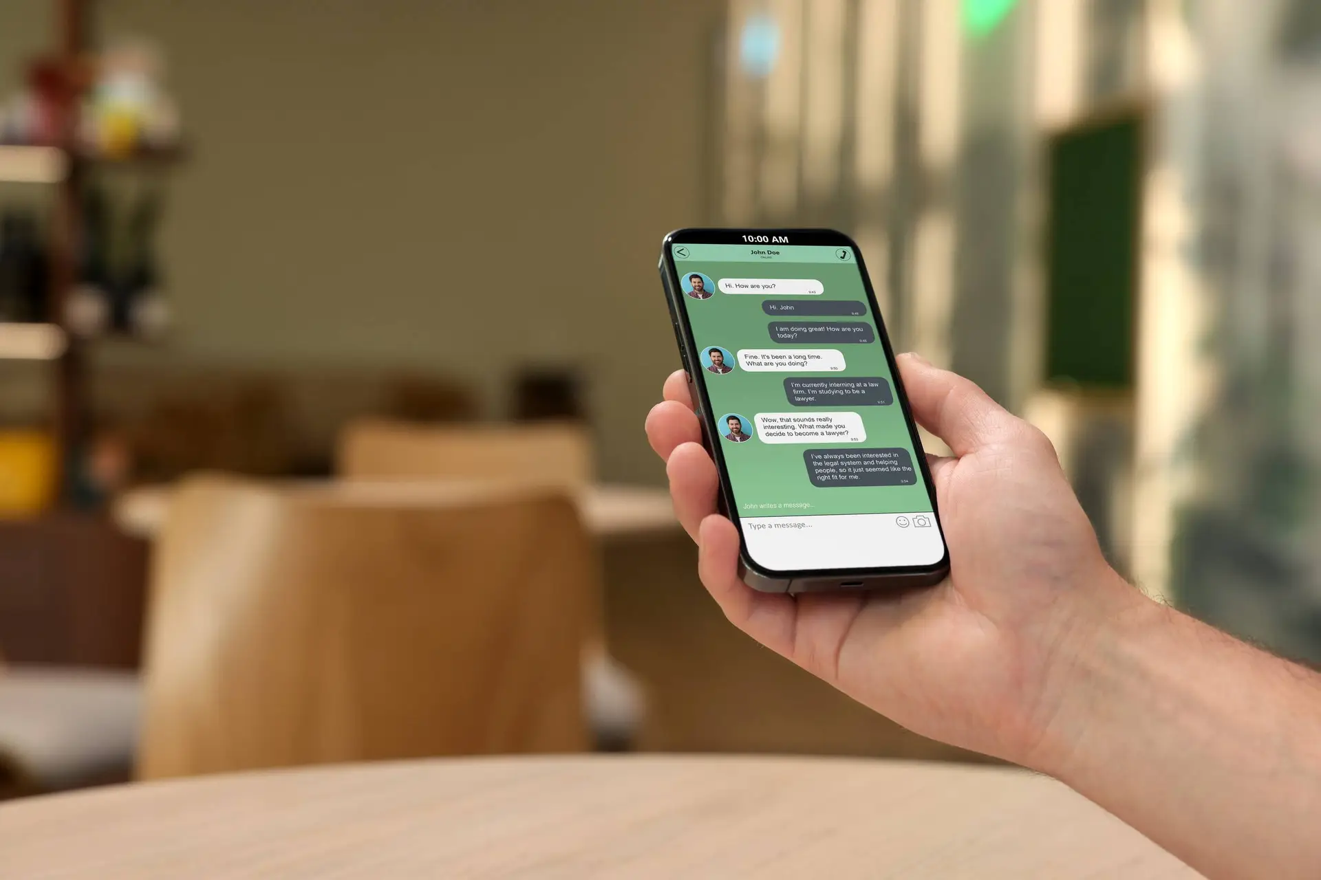 Een hand houdt een smartphone vast met een WhatsApp-gesprek op het scherm.