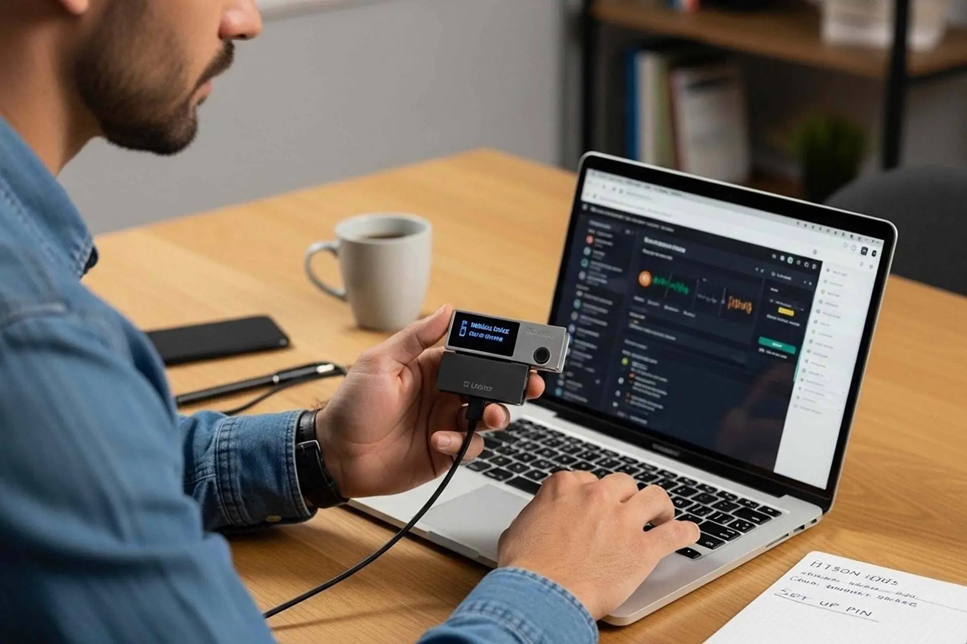 Een hand houdt een hardwarewallet voor cryptomunten vast naast een laptop op een bureau