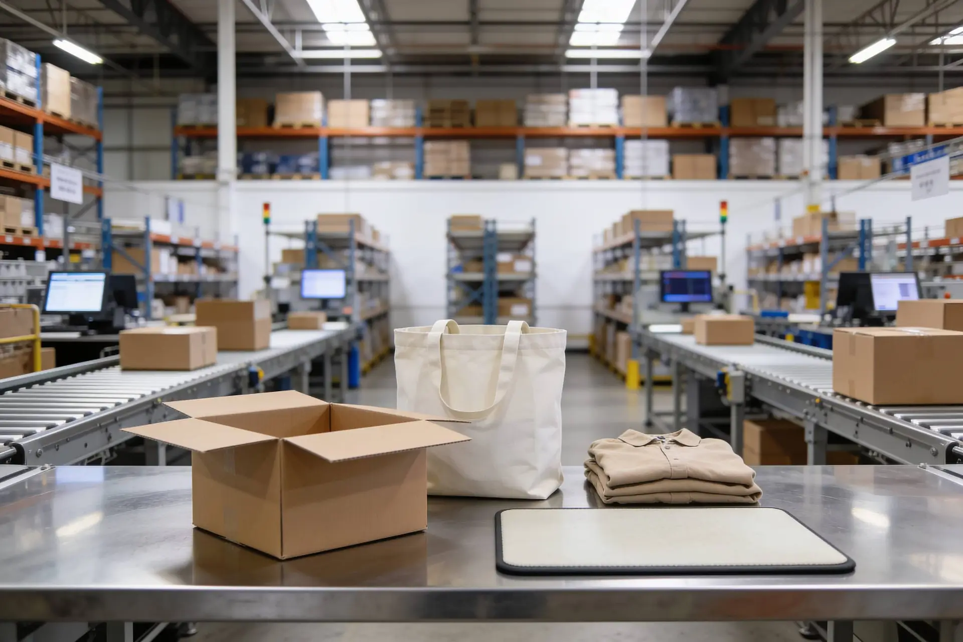 Een druk distributiecentrum met schappen vol dozen en een transportbandsysteem dat goederen verplaatst voor de orderafhandeling.
