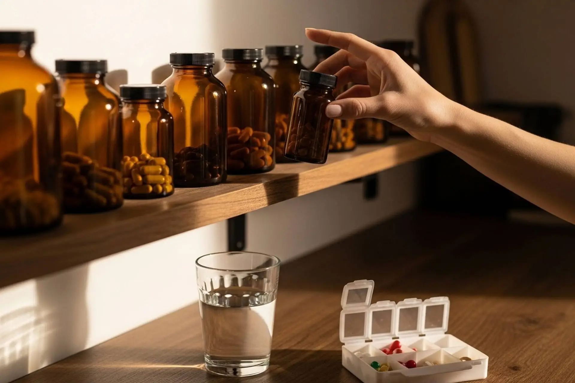 Een hand pakt een potje supplementen