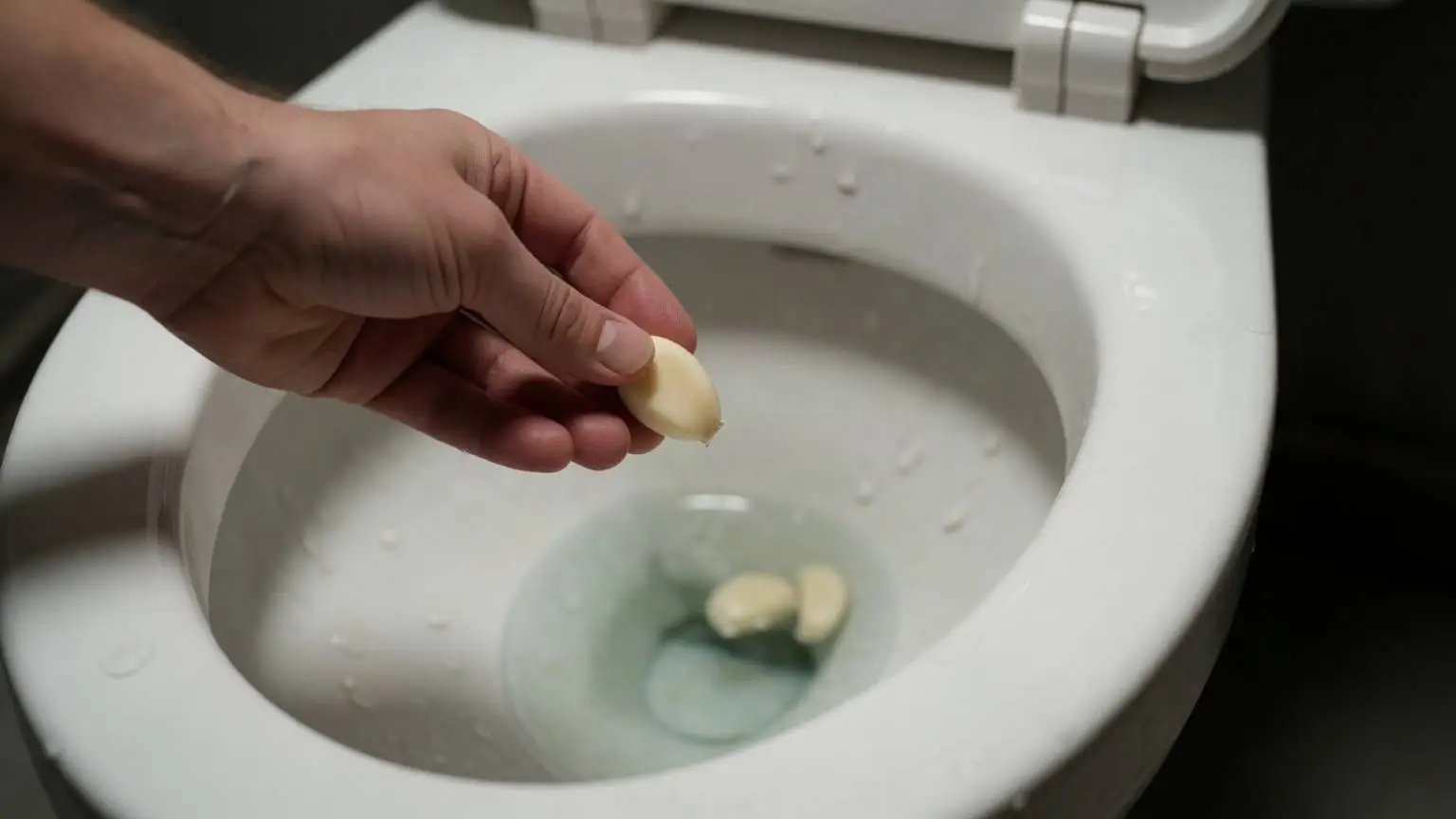 een hand die een gepeld teentje knoflook in de wc-pot laat vallen.