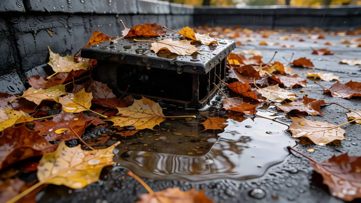 Natte bladeren rond de afvoer van een plat dak met een plas regenwater.