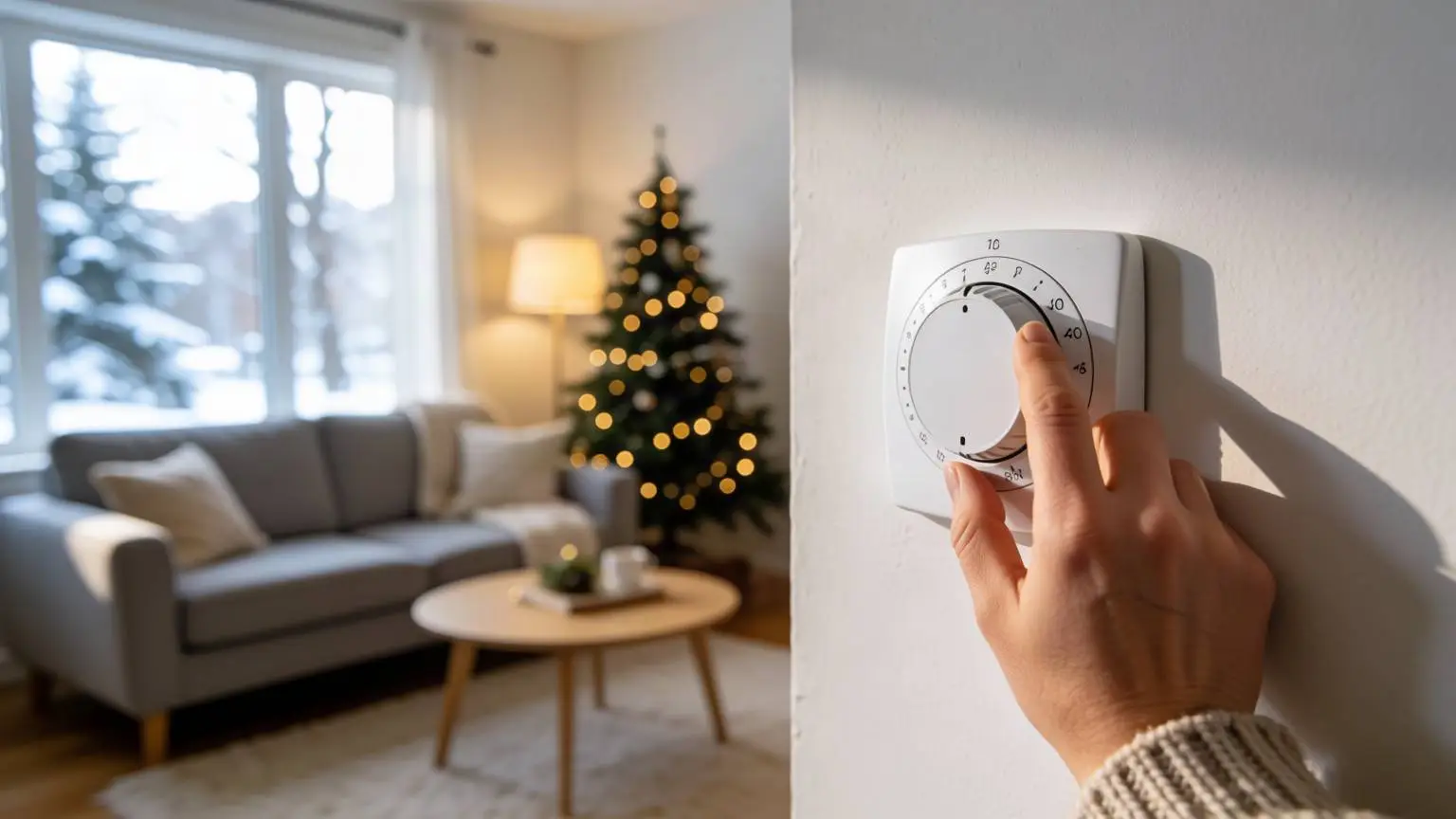 Een hand draait aan een thermostaat aan de muur van een woonkamer in de winter.