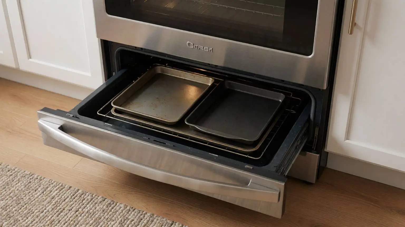 Een fornuis met de lade onder de oven half open en bakplaten erin.