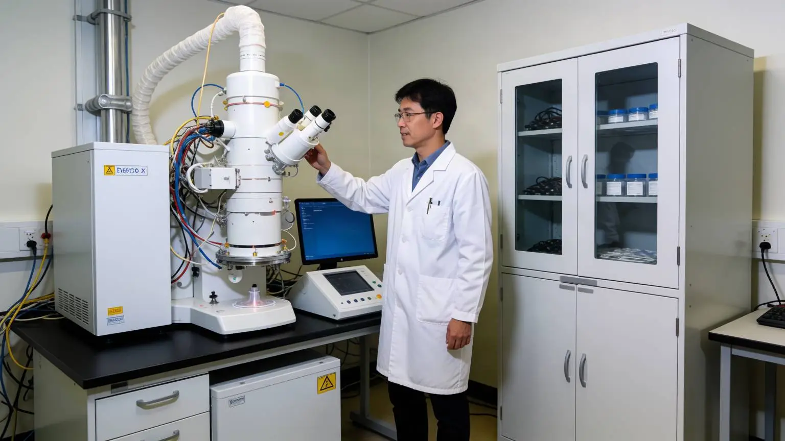 Onderzoeker in een lab met een grote cryo-elektronenmicroscoop, een kast van ruim twee meter hoog.