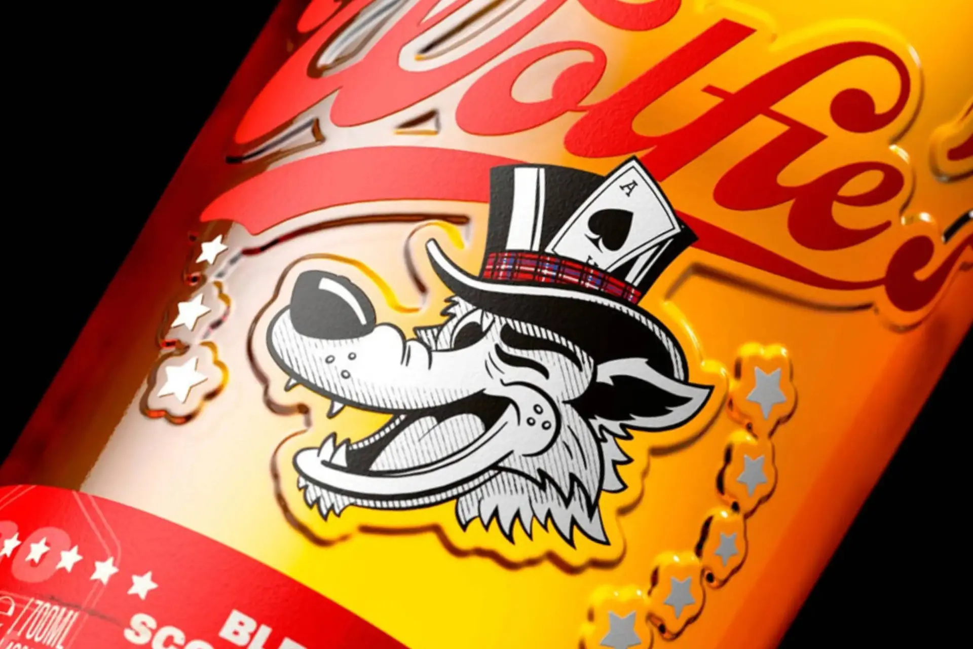 Wolfie's Whisky bottle close-up with logo