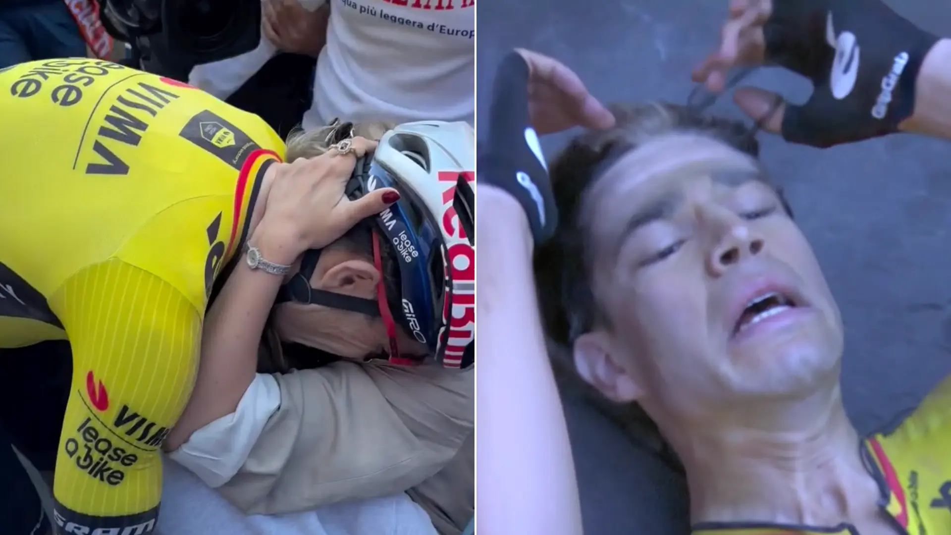 VIDEO. Uitzinnige Wout van Aert vliegt vrouw en kinderen in de armen na de finish