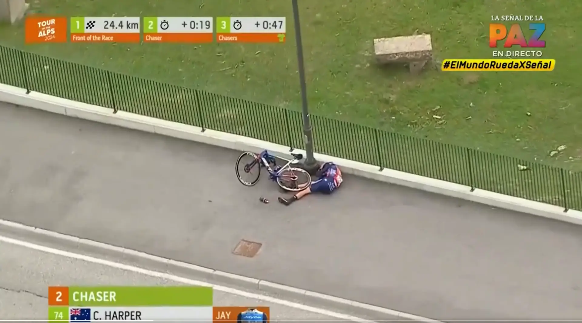 UPDATE: 'Enkele wonden in het gezicht en een lichte hersenschudding' voor Chris Harper na valpartij op hoge snelheid in de Tour of the Alps