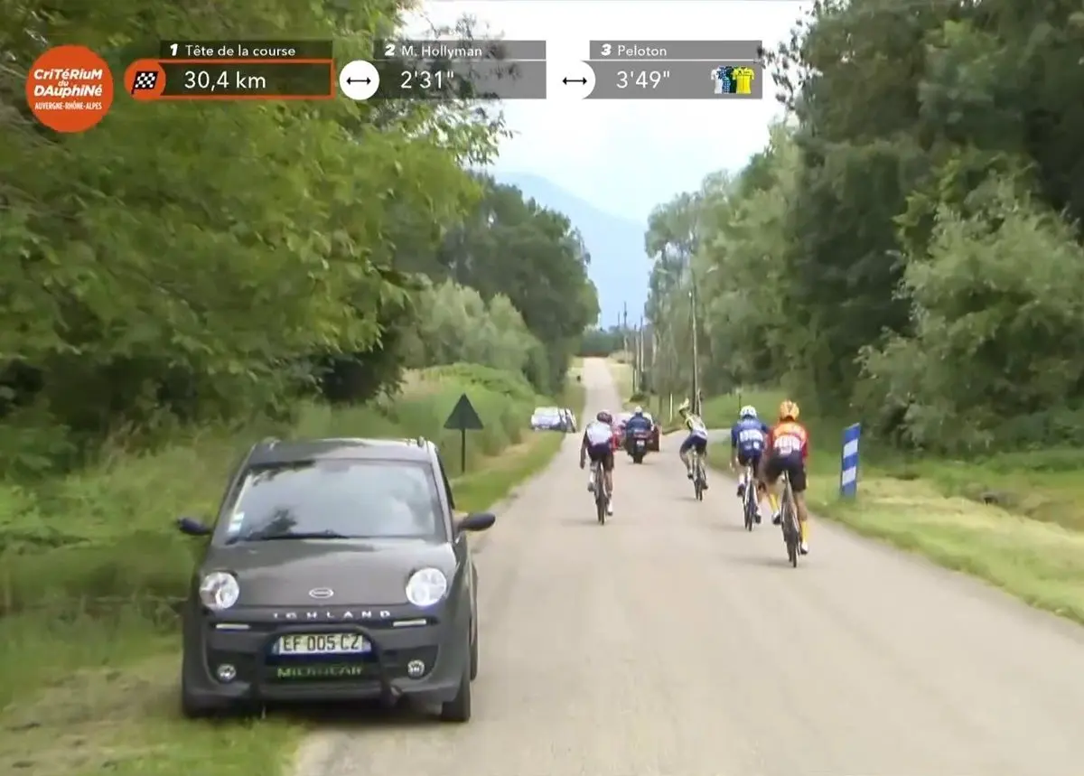 VIDEO: Kopgroep neemt verkeerde afslag in Critérium du Dauphiné en verliest een minuut op het peloton