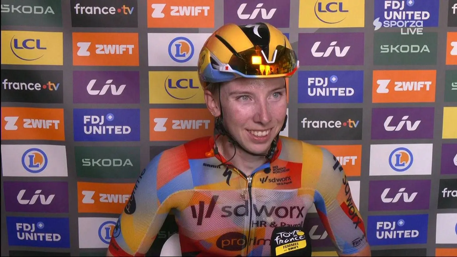 Lorena Wiebes speaks to the media after winning stage 1 of the 2026 Tour de France Femmes