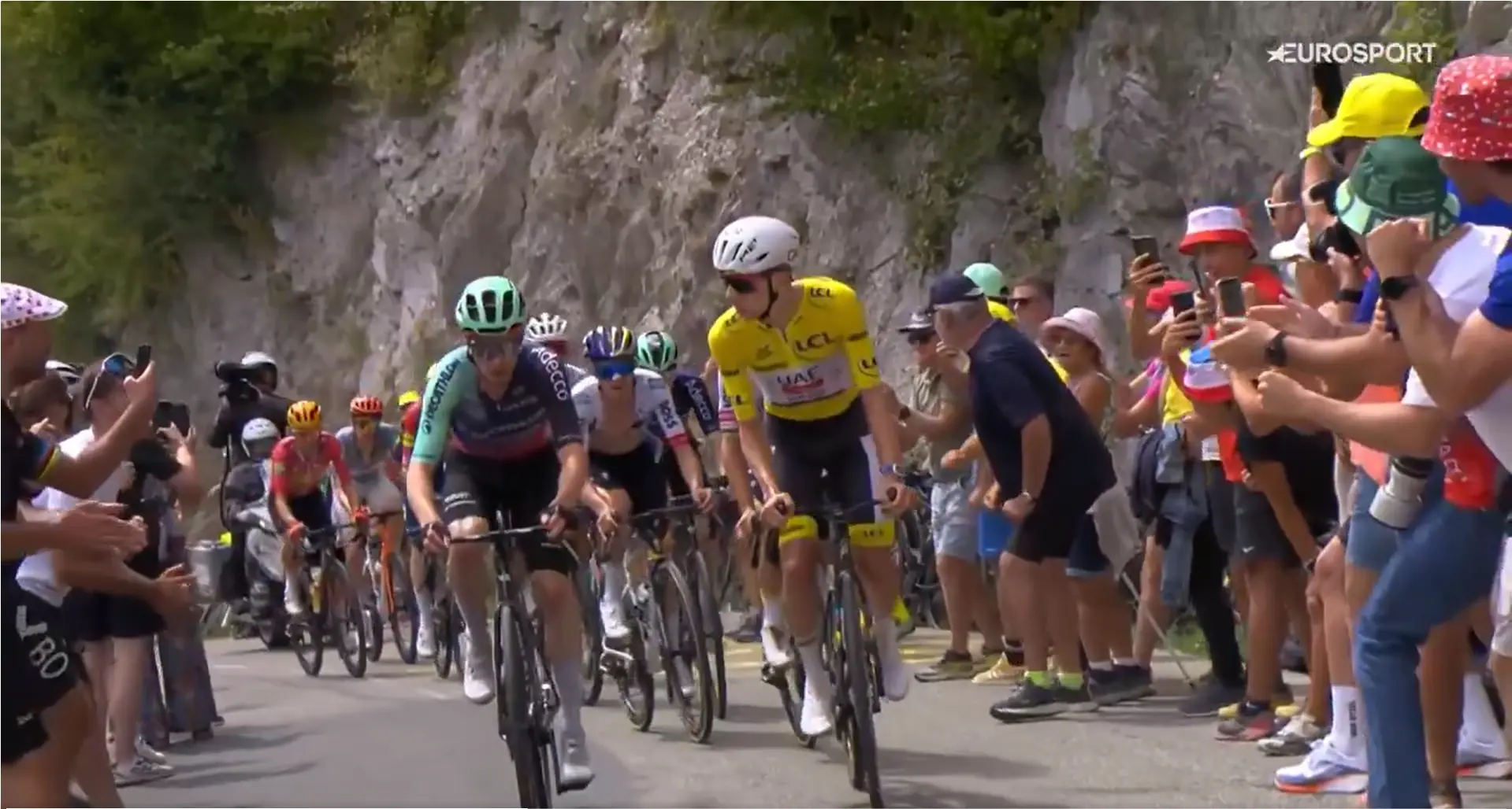 Tadej Pogacar stares down Nicolas Prodhomme at the 2026 Tour de France