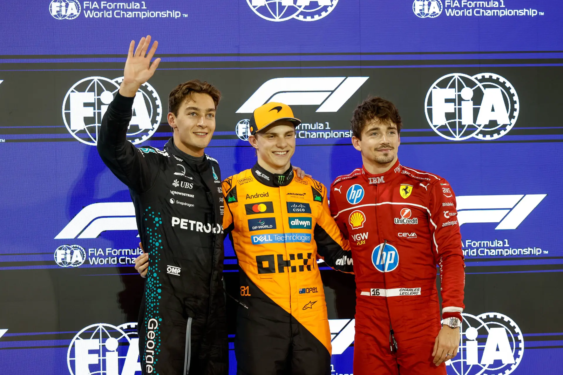 george russell oscar piastri charles leclerc 2025 top drie bahrein zaterdag