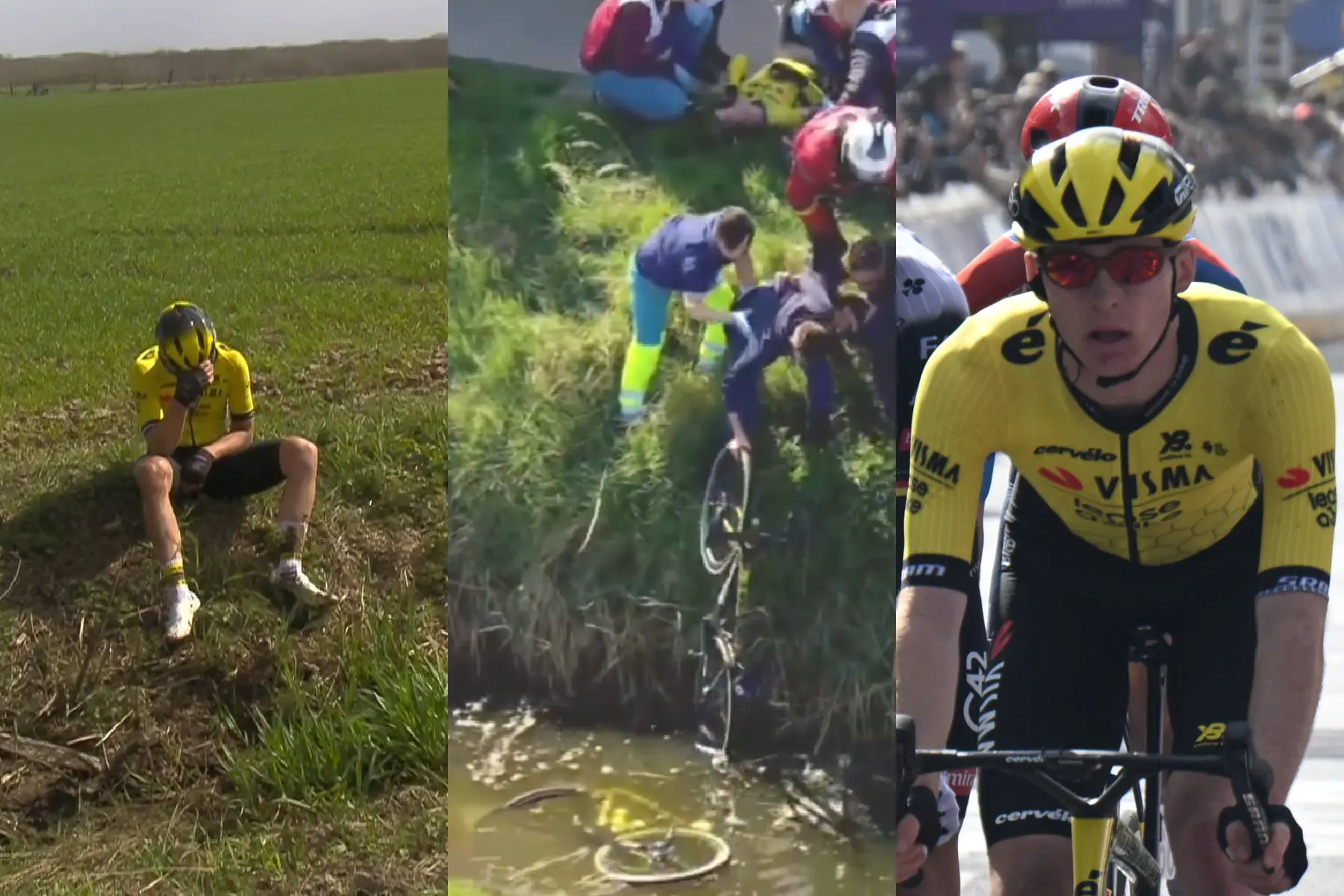 Visma | Lease a Bike (besides Kooij) in the spotlight: Bike (and Veenhoven?) in the water, Jorgenson with flashy glasses