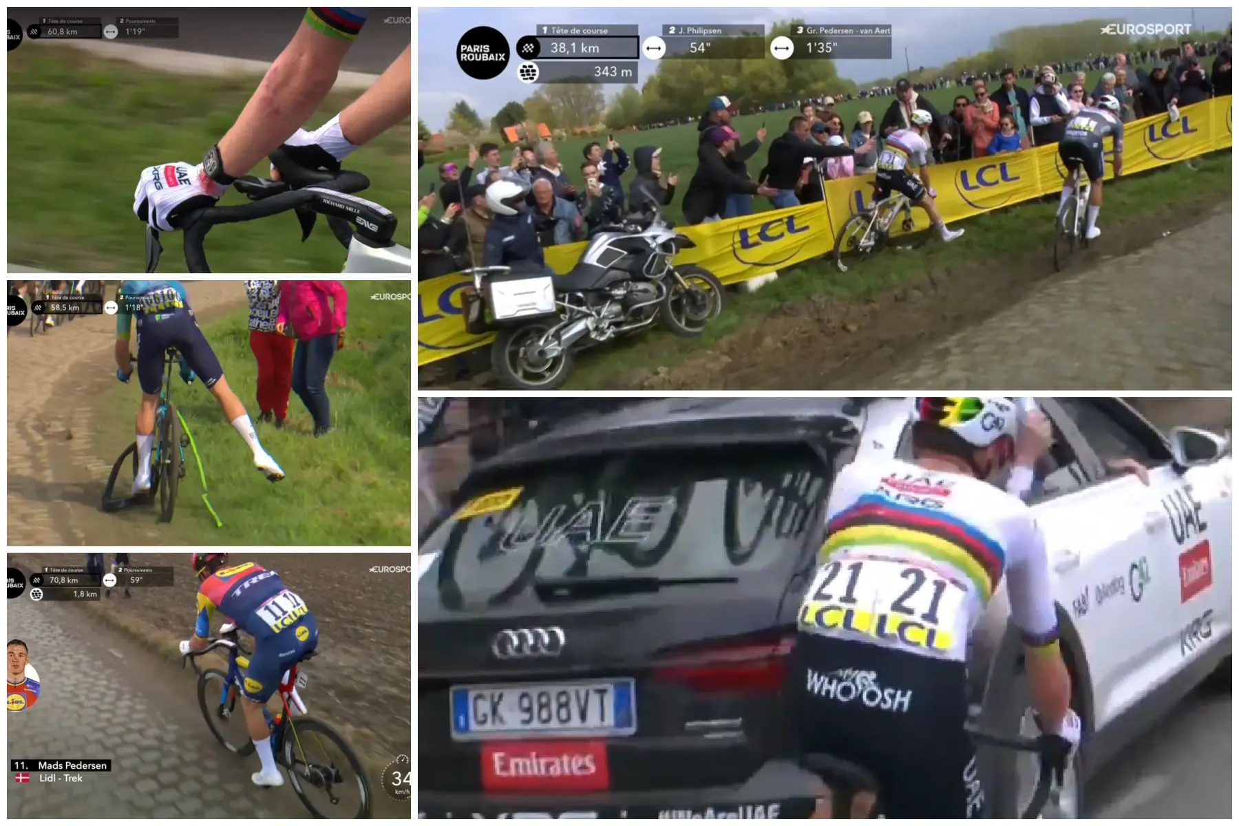 🎥 Pogacar (bleeding after 3-ton crash) and Van Aert (bleeding knee) crash, Pedersen and Ganna puncture, Teunissen crashes