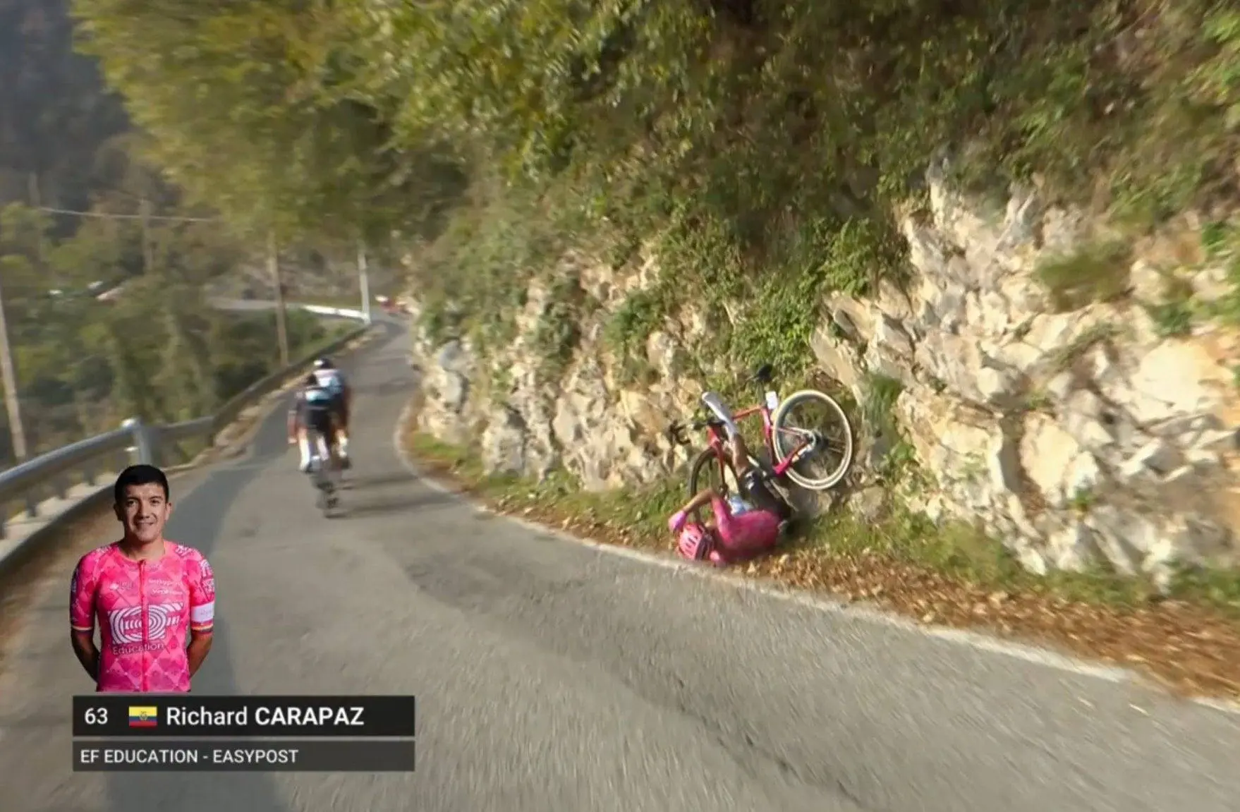 🎥 The hairpin turns in Lombardy are treacherous, as Carapaz and daredevil Pidcock found out once again