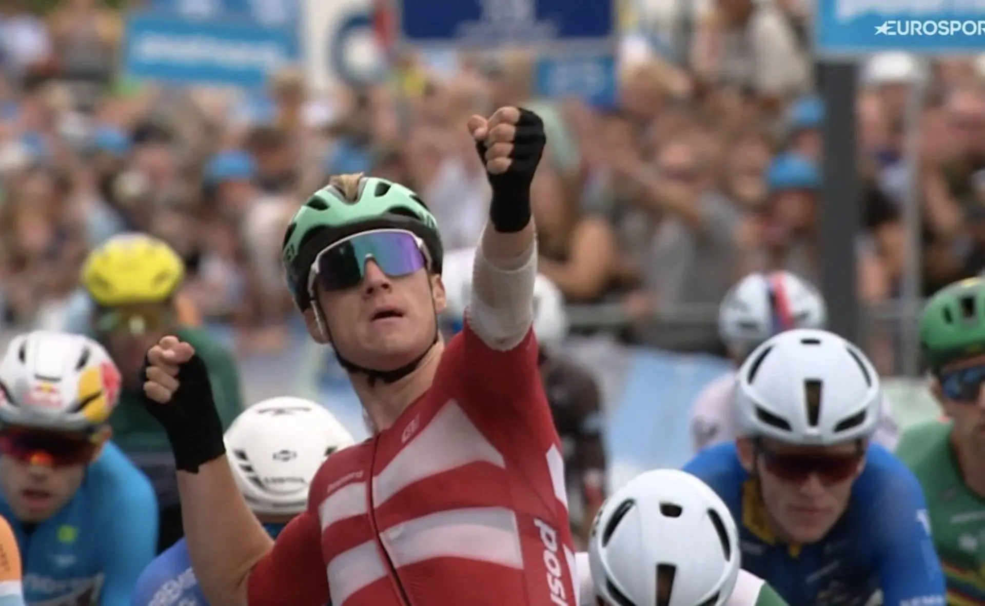 Heavy crash mars Tour of Denmark finale as Wout van Aert and Pedersen celebrate