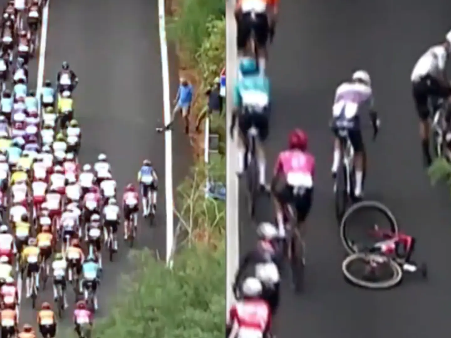 🎥 Watch as a spectator kicks a water bottle back into the peloton, causing a crash; Italian Fancellu wins stage 1