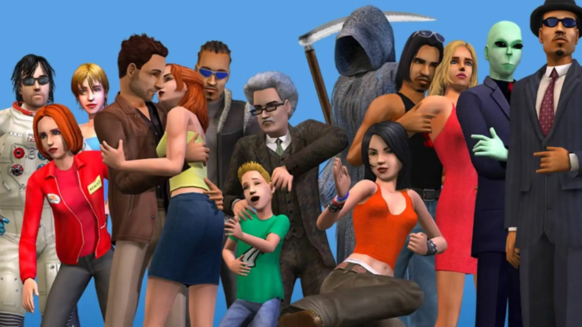 the sims 2 key art of characters standing over a blue background with the grim reaperjpg