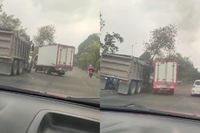Vrachtwagenchauffeurs vechten verkeersruzie uit zonder uit te stappen in Bogota