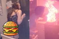 Vlammenzee in de keuken tijdens streamen van kooksessie in lingerie door HiHeyItsDani