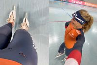 Jutta Leerdam laat zien hoe altijd gaten in haar strakke schaatspak komen