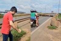 Braziliaanse verslaggever wil laten zien hoe slecht brug is, op dat moment begint brug met instorten