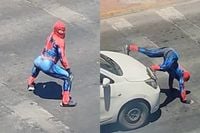 Straatartiest verkleed als Spider-Man maakt er een twerkshowtje van