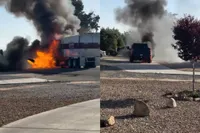 Vuilniswagen vliegt in brand, band knalt en vliegt tegen pick-up en zet deze ook in lichterlaaie