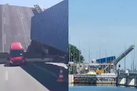 Brug in Friesland gaat omhoog terwijl auto en vrachtwagen nog op brugdek staan