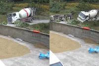 Twee cementmixers kieperen binnen minuten op exact dezelfde plek het water in