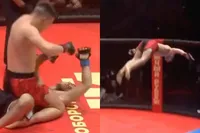 Niet voor de zwakke maag: Russische MMA-vechter breekt been tijdens overwinningssalto