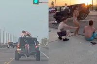 Half uit rijdende Jeep hangen loopt compleet uit de hand… vragen om ellende en die kwam er dan ook