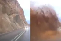 Auto compleet bedolven door aardverschuiving in Turkije, bestuurder door het oog van de naald