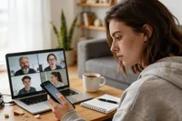 Madelief zit in een online meeting, maar is met hele andere dingen bezig