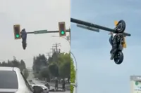 Motor eindigt letterlijk in verkeerslicht na bizarre crash in Canada