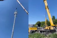 Enorme 5G-mast klapt tijdens montage keihard tegen de grond in Poolse stad Poznań