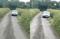 Busje wil ruimte maken voor boertje en wordt compleet opgeslokt door een heg