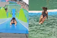 Vrouw wordt gelanceerd van waterglijbaan, klapt op haar buik en gaat out