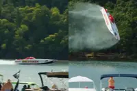 Powerboat knalt met 343 km/u over het water en verandert na de finish ineens in een stuntvliegtuig