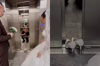 Bruidsfotograaf kiest lift als decor en dan verdwijnt de trouwring naar beneden