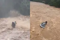 Rivier in Brazilië verandert na zware regenval in kolkende watermassa, maar deze jetskiër ziet vooral een uitdaging